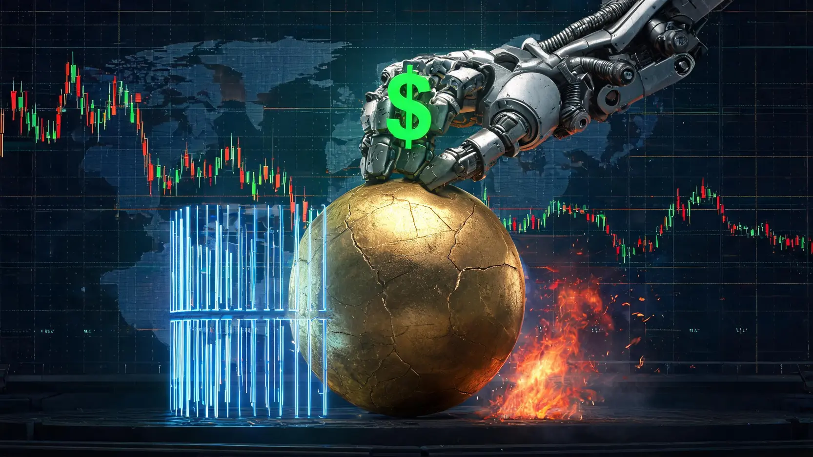 黃金價格下跌是危機或轉機?黃金ETF全攻略:解密台美熱門標的與進場策略 一張概念圖,展示三大因素(強勢美元、高利率、通膨預期降溫)如三股力量般共同壓制著黃金價格。