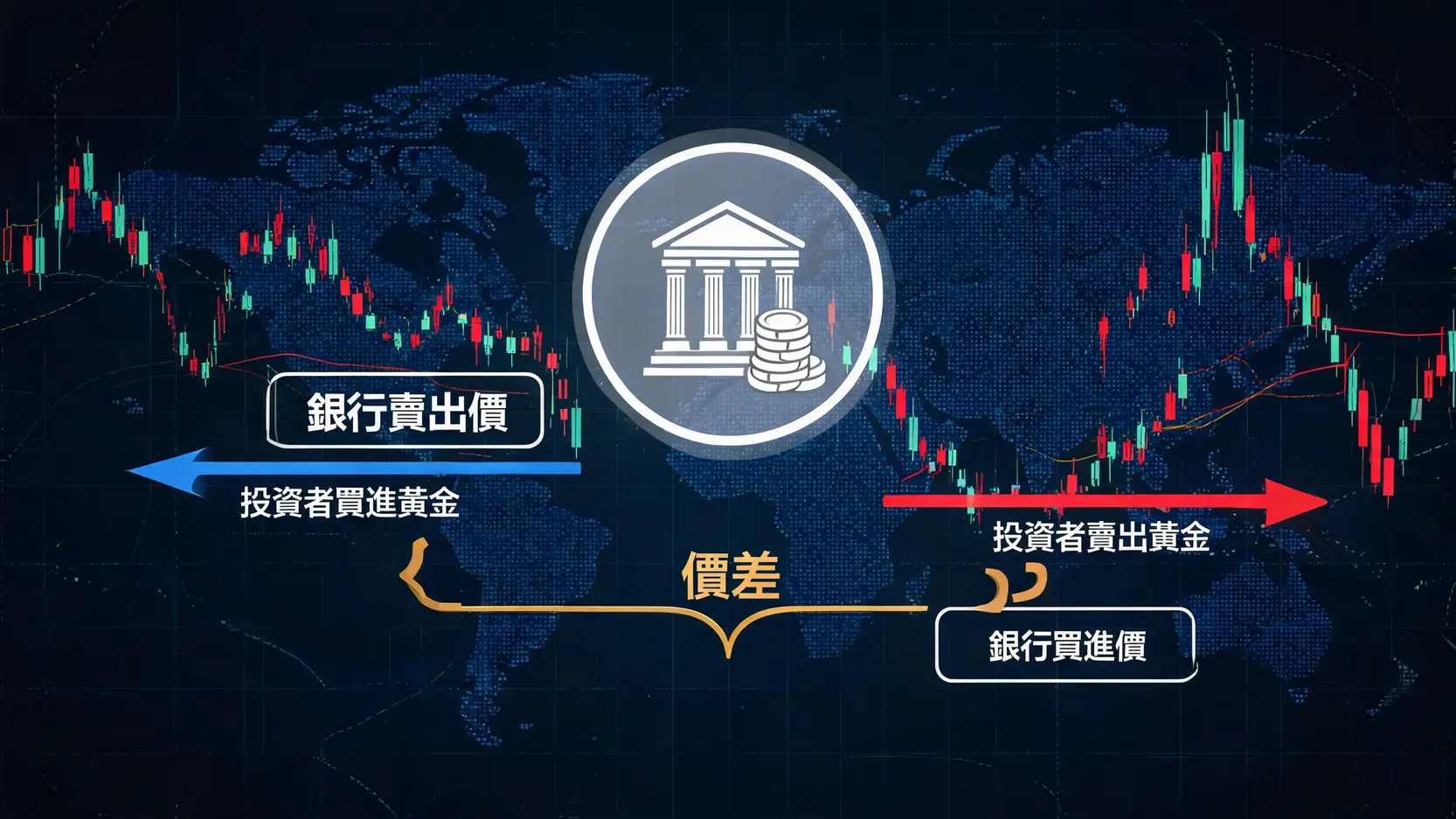 【台銀黃金存摺開戶教學】線上申辦5步驟全圖解!完整解析買賣流程與手續費 圖解台銀黃金存摺買進價與賣出價的差異,顯示銀行牌價的價差概念。