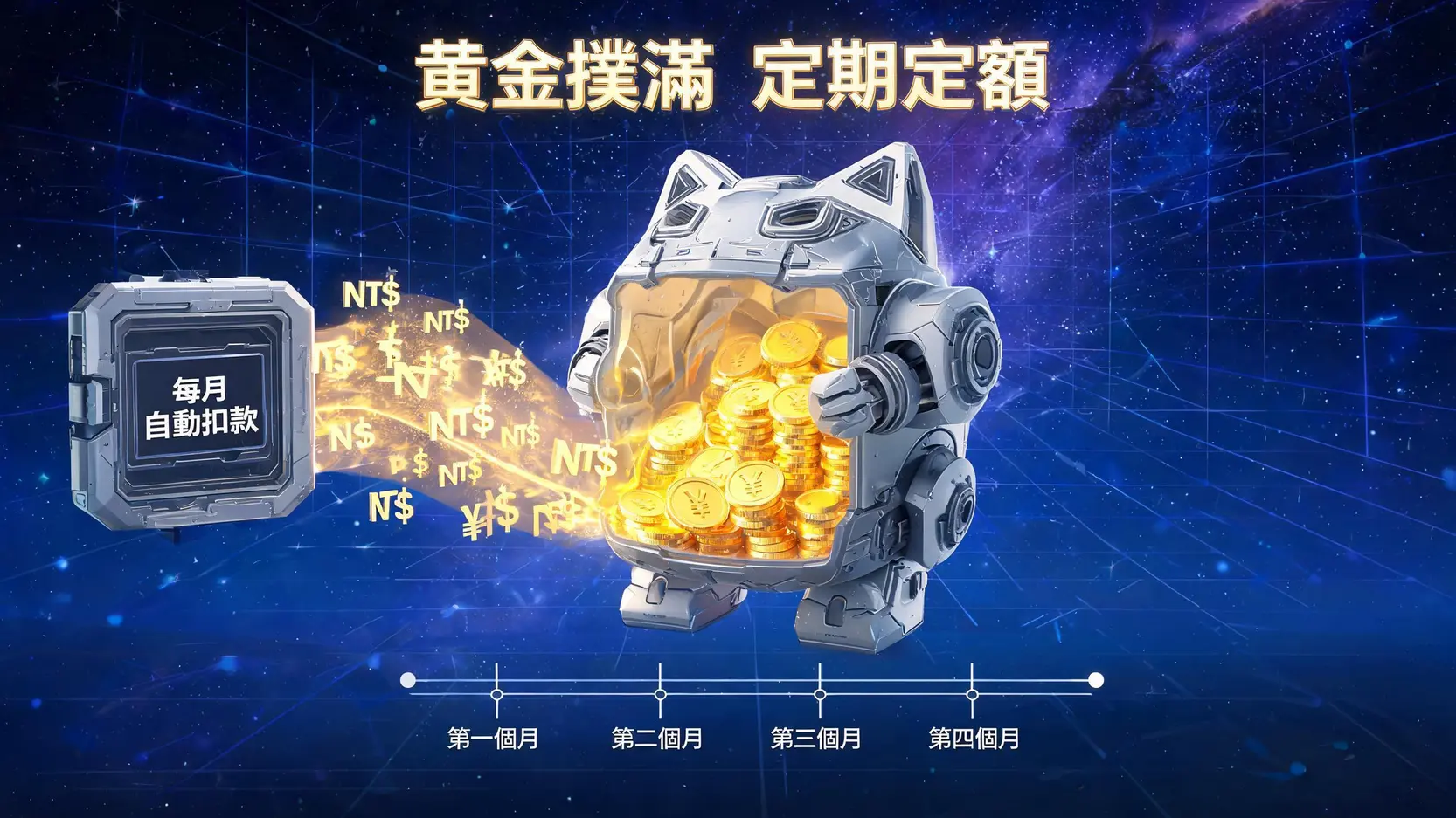 【台銀黃金存摺開戶教學】線上申辦5步驟全圖解!完整解析買賣流程與手續費 黃金撲滿定期定額投資概念圖,展示每月自動扣款累積黃金的過程。