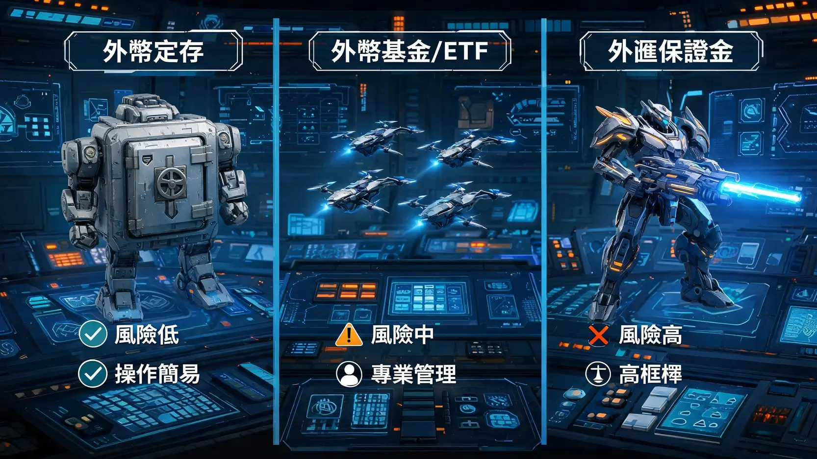 外幣投資新手全攻略:如何買外幣賺錢?從開戶到3大投資方式教學 三種外幣投資管道的風險與特性對比:外幣定存如同重型裝甲,外幣基金是無人機群,外匯保證金則是高風險的戰鬥機甲。
