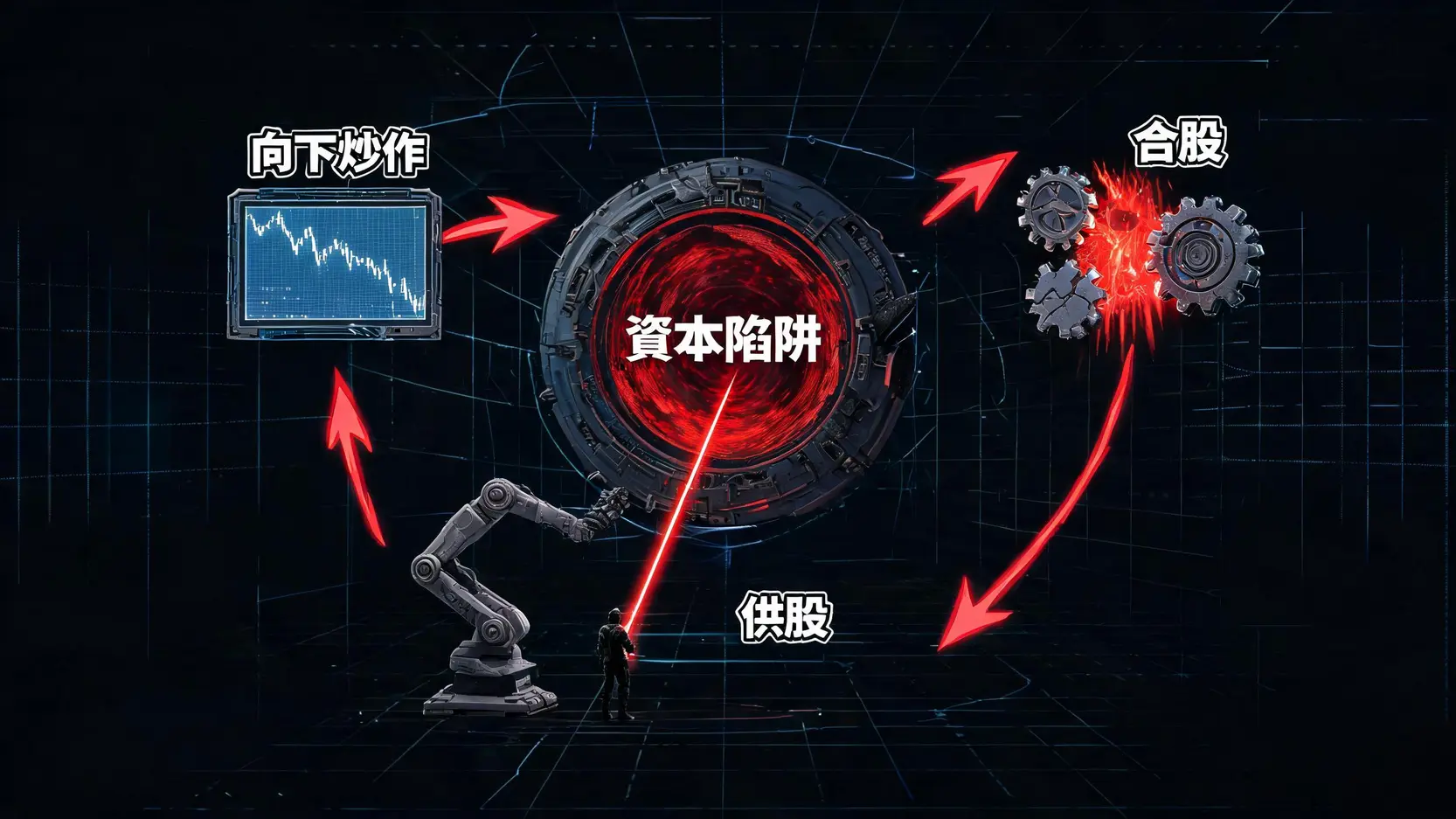 港股投資全攻略:掌握成交量查詢、科網股現金流分析、細價股陷阱與免稅策略 港股細價股陷阱循環示意圖,展示了向下炒、合股、供股如何循環收割投資者。
