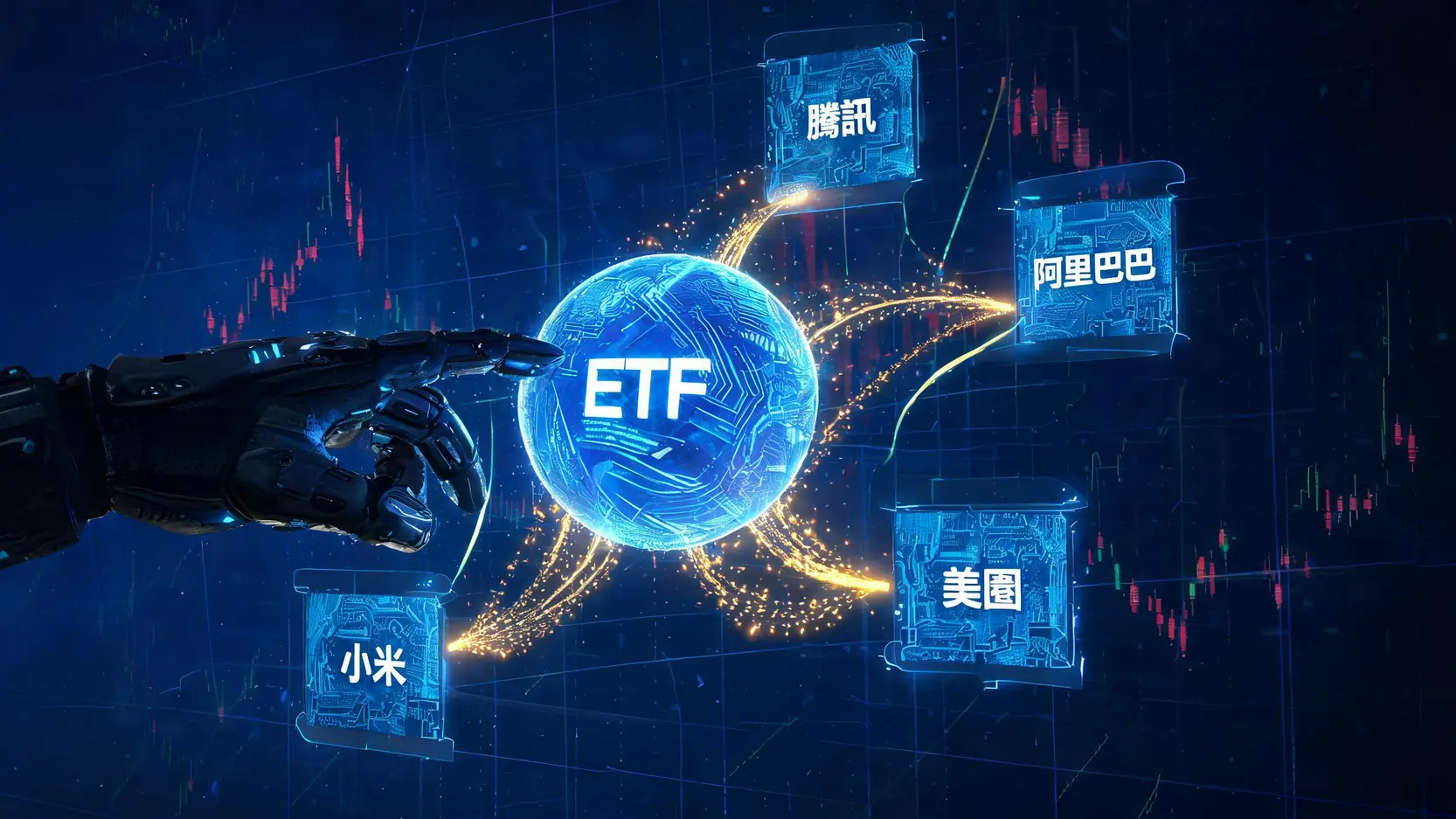 港股科技股ETF推薦:恒生科技指數6大ETF費用、成分股、風險全攻略 一張概念圖,展示單一ETF投資如何分散到多家頂尖科技公司,如騰訊和阿里巴巴。