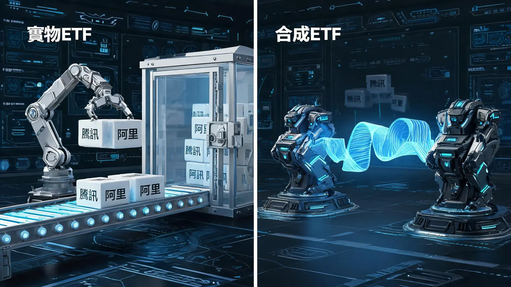 港股科技股ETF推薦:恒生科技指數6大ETF費用、成分股、風險全攻略 實物ETF與合成ETF的運作模式對比圖,展示了直接持有資產與透過衍生品複製的區別。