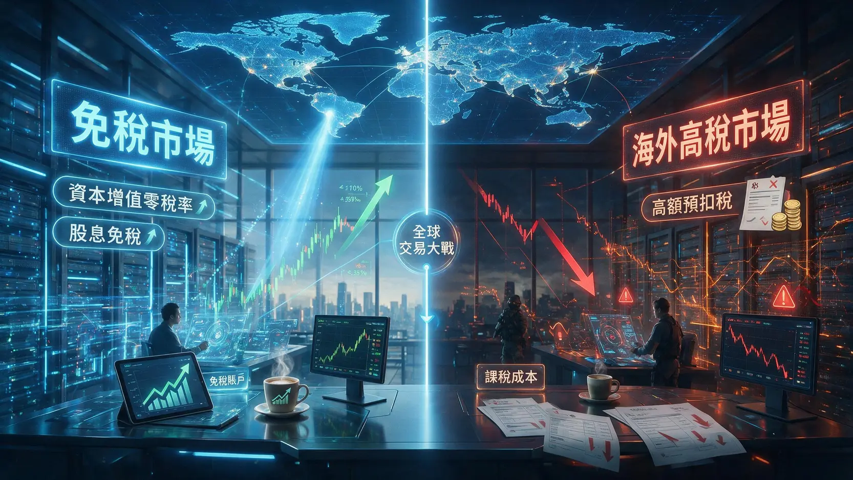 港股免稅避險指南:如何在全球市況波動中保護你的資產? 港股免稅市場與海外高稅率市場的稅務成本對比圖