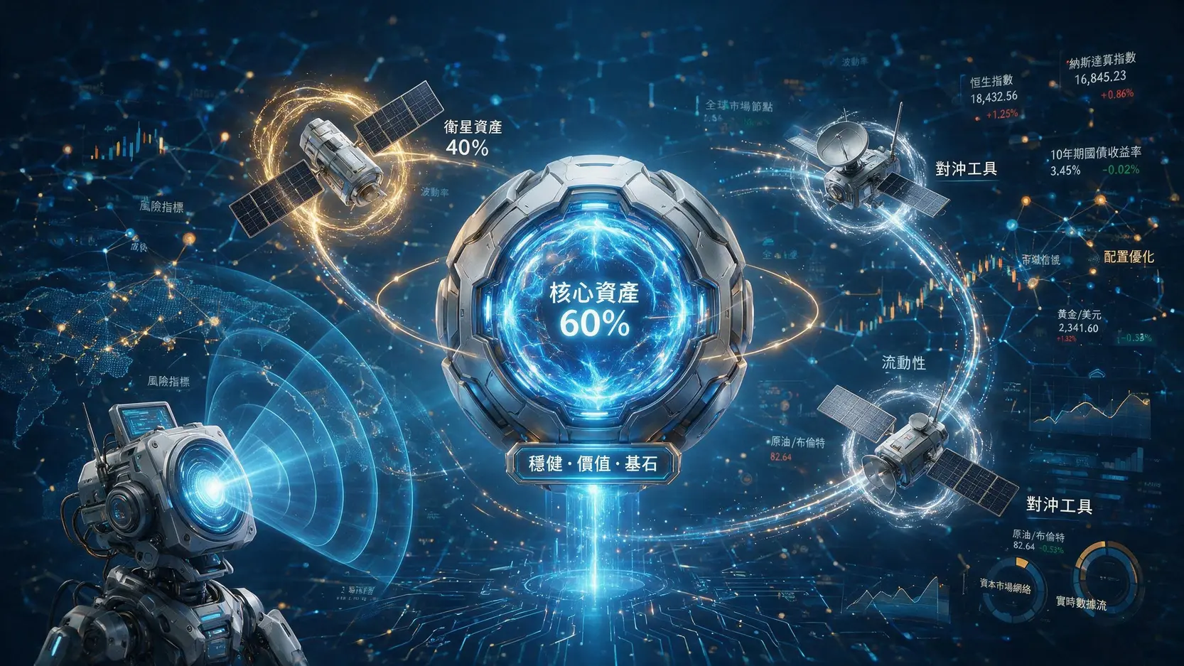 港股免稅避險指南:如何在全球市況波動中保護你的資產? 核心衛星策略的資產配置比例與防禦戰略示意圖