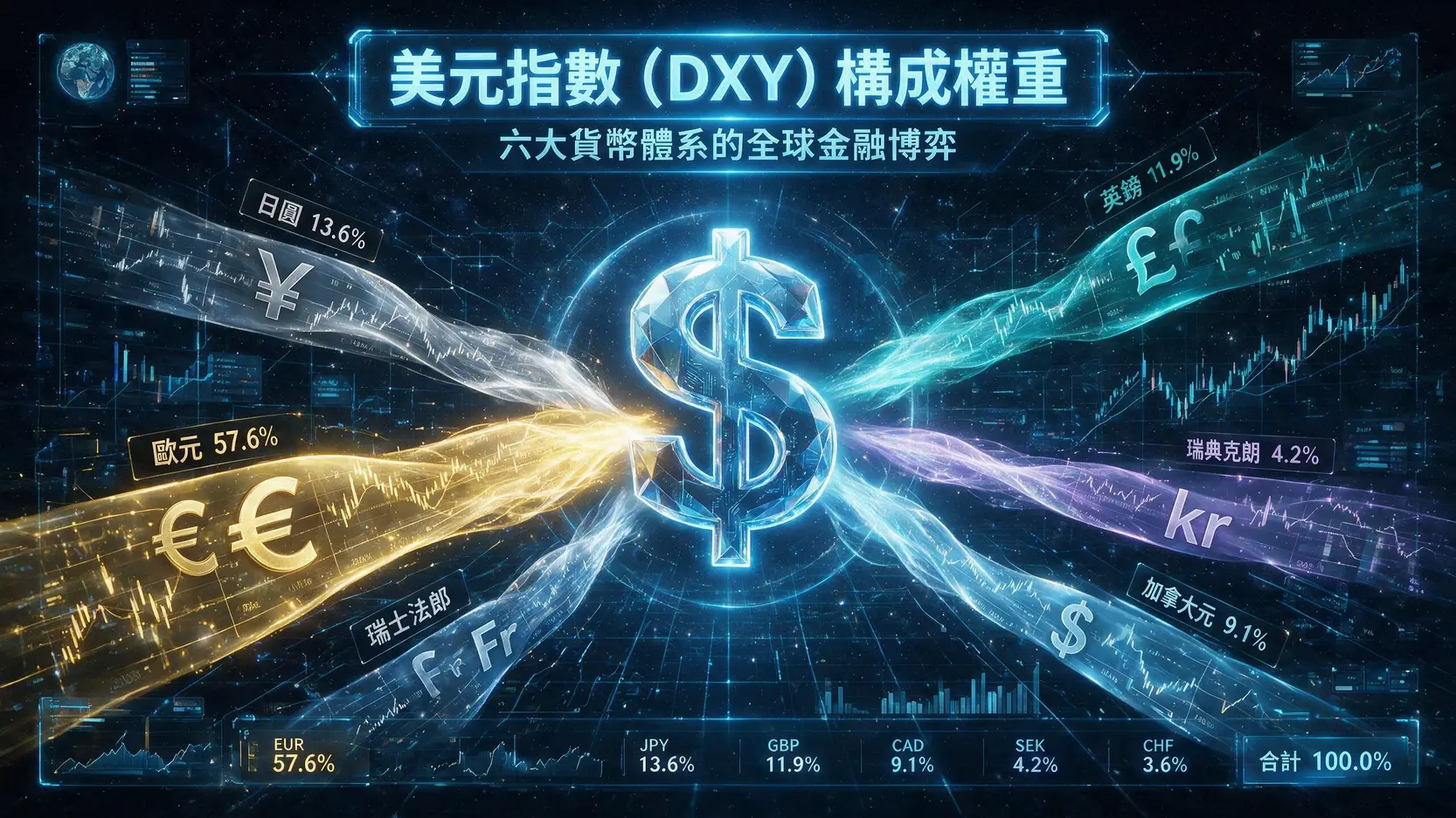 美元指數(DXY)是什麼?2026最完整分析:走勢、影響因素與投資策略 美元指數DXY構成權重示意圖,顯示歐元、日圓、英鎊等六種貨幣的相對比例,其中歐元佔比最大。