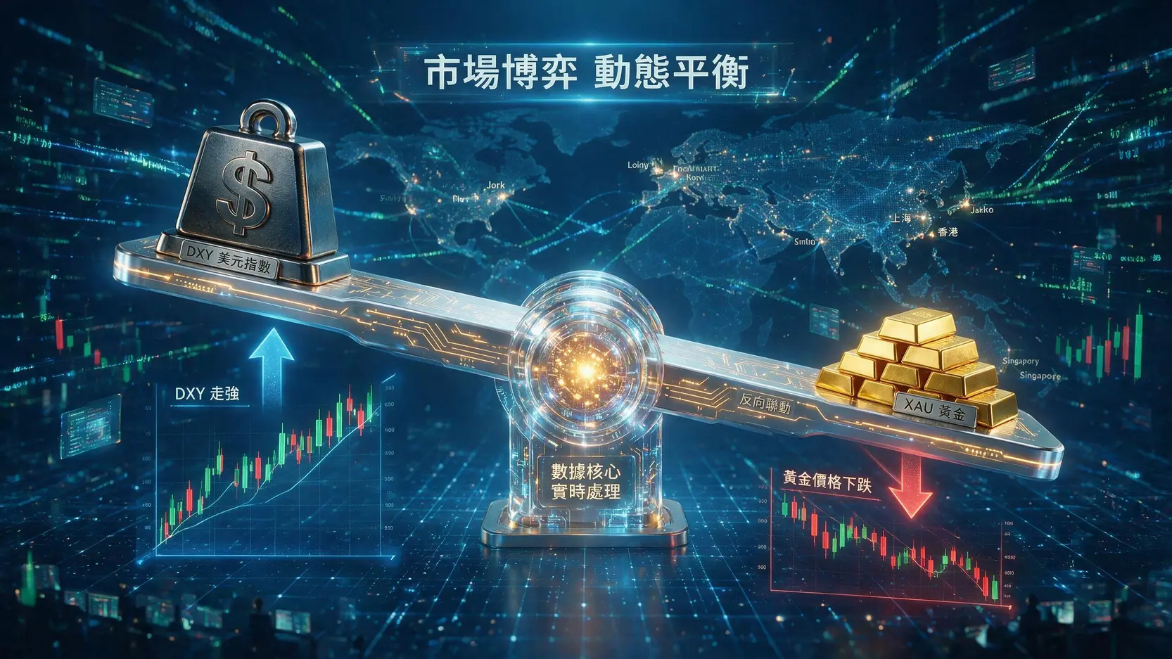 美元指數(DXY)是什麼?2026最完整分析:走勢、影響因素與投資策略 美元指數與黃金價格的負相關關係示意圖,展示了當美元指數上升時,黃金價格傾向於下跌的蹺蹺板效應。