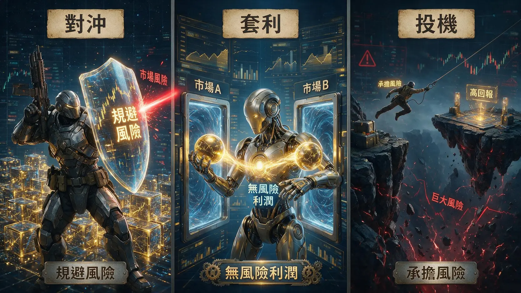 【對沖教學】市場下跌也不怕?一文看懂股票、期貨到燃油的對沖方法 一張概念圖,透過機甲戰士與戰術人員的形象,對比金融中的對沖、套利與投機三種策略。