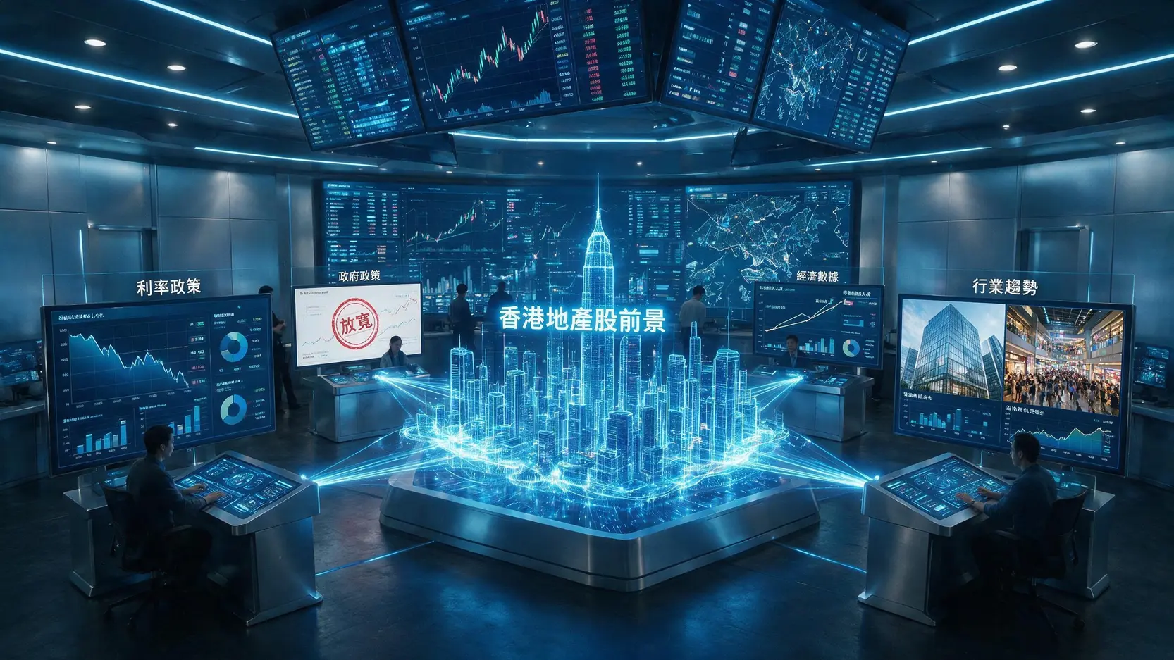 【2026香港地產股投資指南】利率見頂?分析師帶你看懂市場前景與龍頭股部署 一個展示影響2026年香港地產股前景四大關鍵因素的戰情室儀表板,包括利率政策、政府政策、經濟數據和行業趨勢。