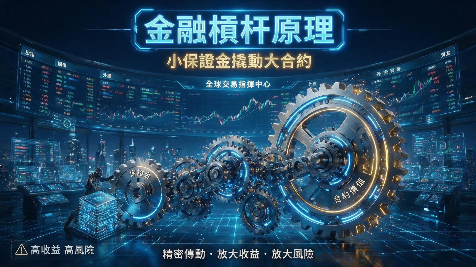夜期意思全解析:細期玩法與期貨指數報價,新手入門一篇搞懂 一張解釋期貨交易槓桿效應的示意圖,顯示一小筆保證金如何控制一筆巨大的合約價值。
