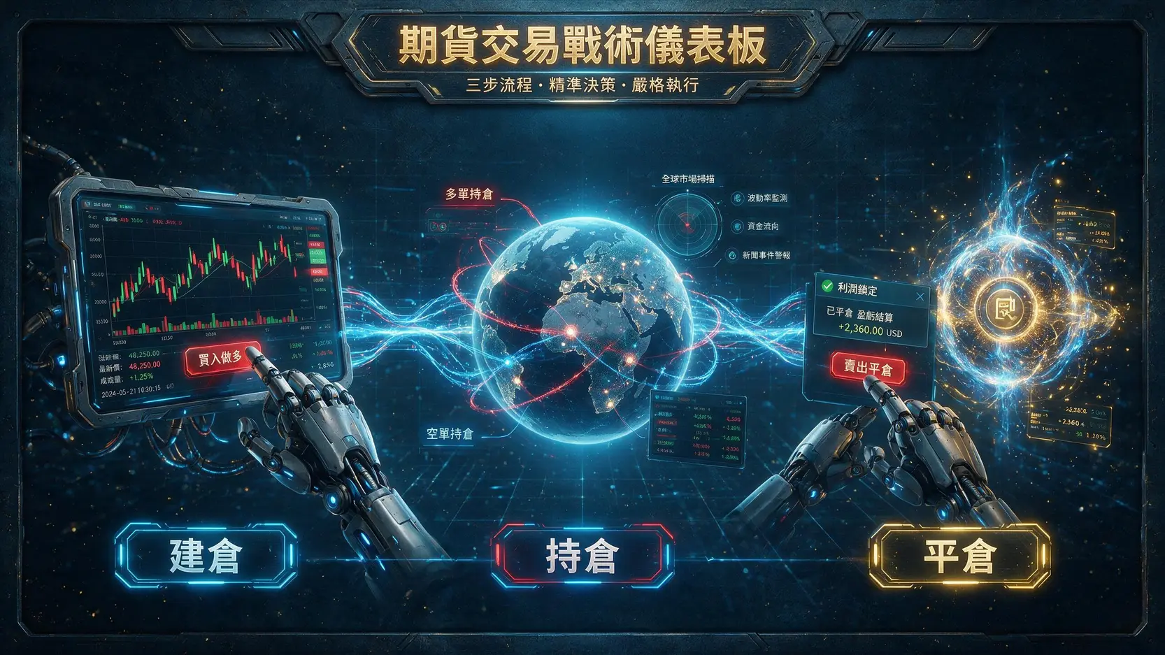 期貨平倉教學:3種平倉方法與時機全解析,避免強制平倉 期貨交易流程三部曲示意圖,包含建倉、持倉與平倉三個環節。