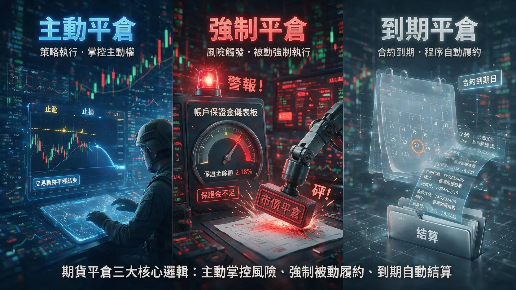 期貨平倉教學:3種平倉方法與時機全解析,避免強制平倉 期貨三種平倉類型對比圖:主動平倉、強制平倉與到期平倉。