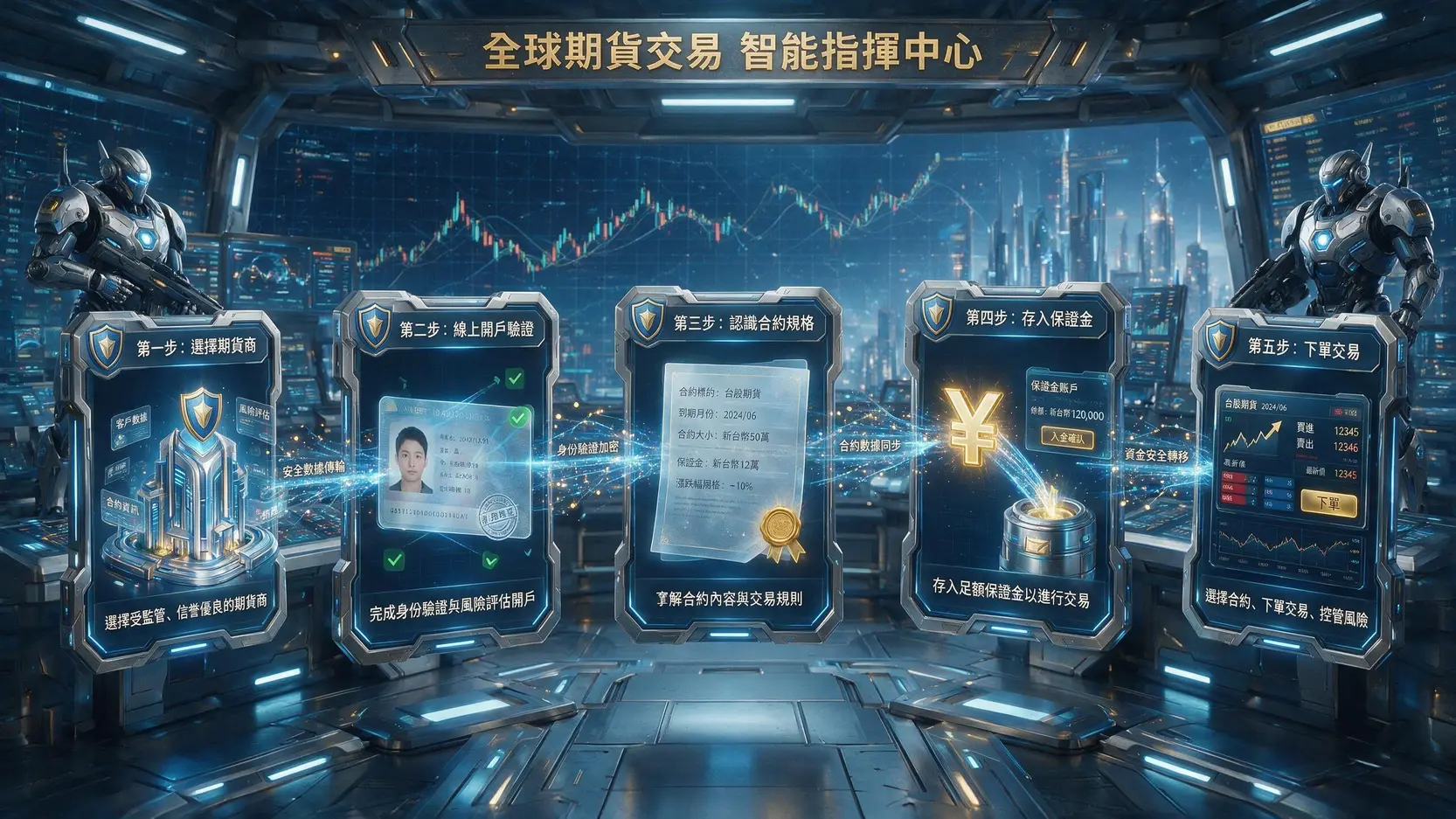 道指期貨怎麼買?2026從開戶到即時報價全攻略 一張流程圖,展示了交易道指期貨的五個步驟:選擇期貨商、開戶驗證、認識合約、存入保證金和下單交易。