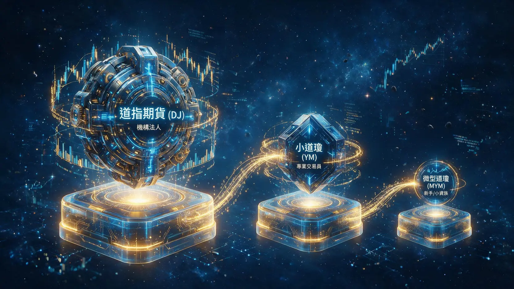 道指期貨怎麼買?2026從開戶到即時報價全攻略 一張對比圖,比較道指期貨(DJ)、小道瓊(YM)和微型道瓊(MYM)三種合約的規模差異,從大到小依次排列,並標明其目標受眾。