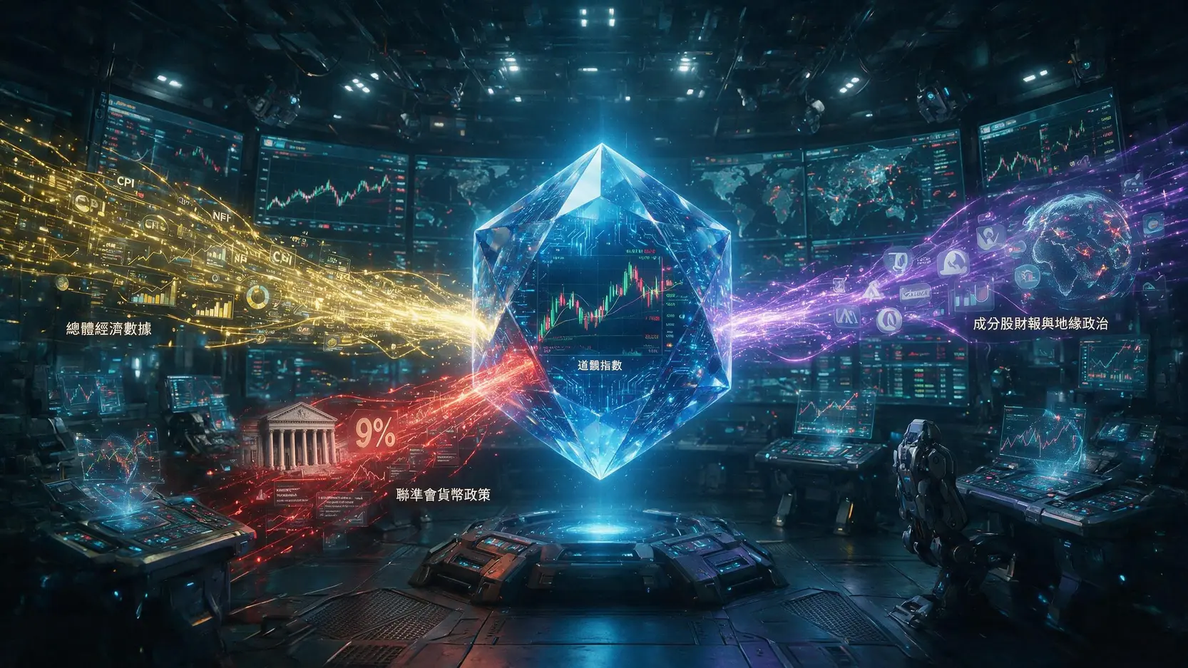 道指期貨怎麼買?2026從開戶到即時報價全攻略 一張概念圖,顯示三大因素——經濟數據、聯準會政策、公司財報與地緣政治事件——如何作為信息流,共同影響道瓊指數的價格。