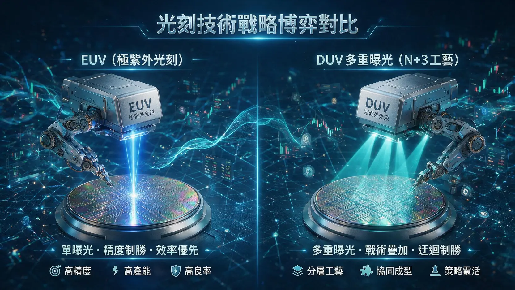 【2026最新】中芯國際(0981.HK)全方位解析:N+3技術、股價走勢與未來前景 中芯國際N+3工藝與EUV技術對比示意圖,展示了利用DUV多重曝光技術實現等效7奈米製程的原理。