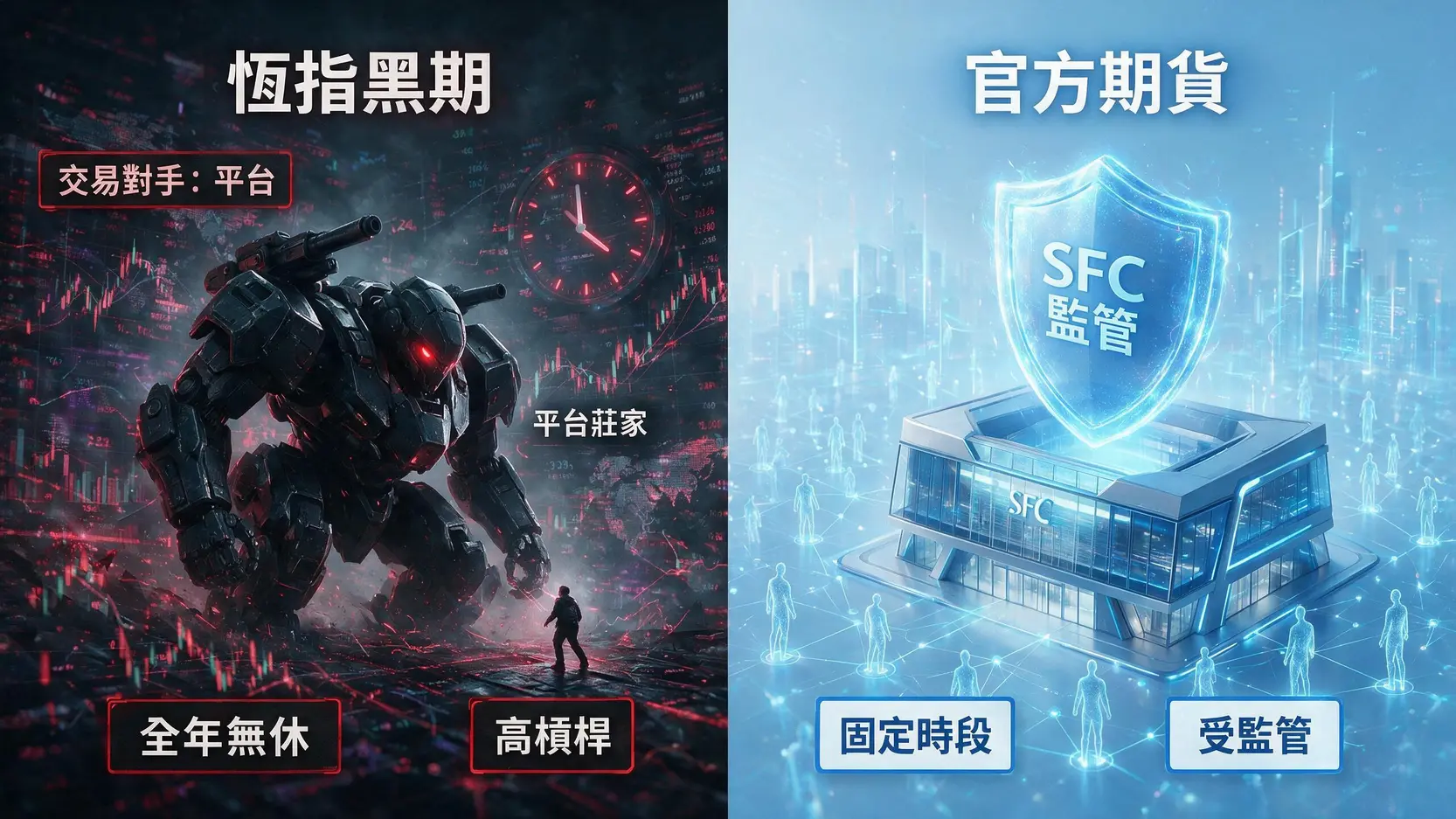 【黑期解碼】恆指黑期是什麼?一篇看懂交易、風險與預測能力 恆指黑期與官方期貨的關鍵差異對比圖,從交易對手、監管和交易時間三個維度進行比較。